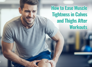 A man standing in a gym, holding his thigh and looking pained after a workout