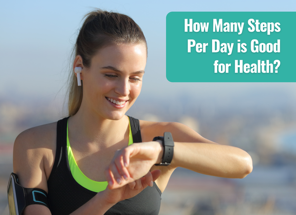 Woman in sports attire with an earbud, smiling while looking at her smartwatch