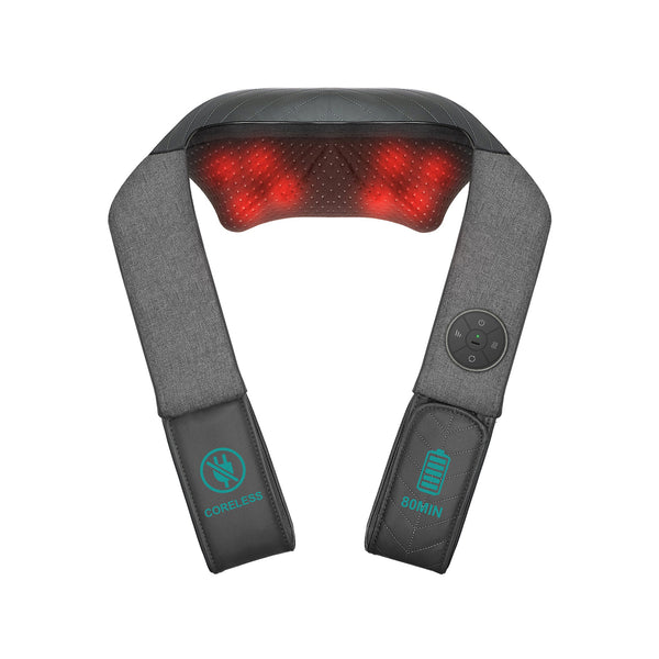 A cordless neck and back massager with red illuminated heat pads and control buttons on the side, made of black PU leather.