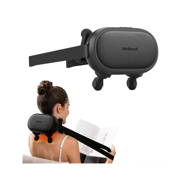 A person is seen from behind using the Nekteck neck massager on their neck and shoulders, which is black in color with an adjustable strap and massage nodes.