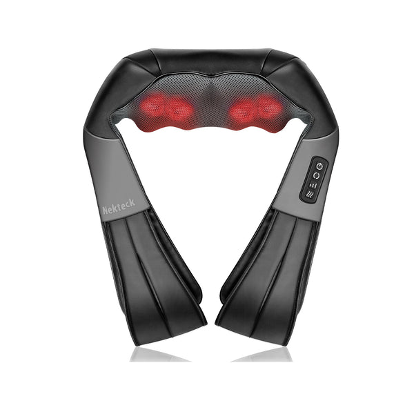 Nekteck Shiatsu Neck and Back Massager with heat elements, in black color, featuring control buttons and straps for adjustment.
