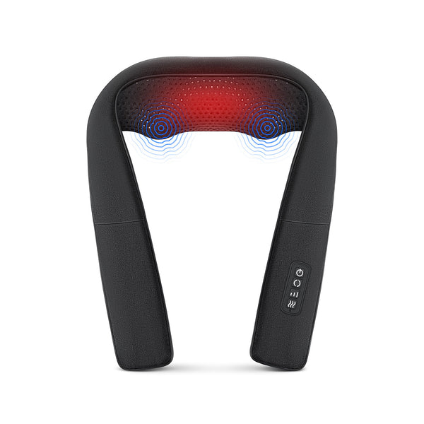 A Nekteck vibrating neck and back massager with red heating elements and a black fabric cover.