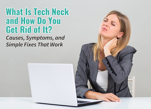 A woman clutching her neck because of discomfort.