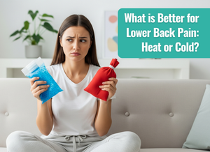 A woman getting confused on what to use, the hot compress on her other hand and cold compress on the other